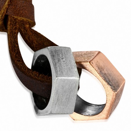 Collier réglable en alliage à la mode en alliage de cuir marron foncé à deux anneaux