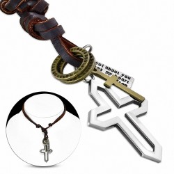 Alliage de mode 3-ton découpé maedival croix tag bagues charm réglable collier en cuir véritable marron