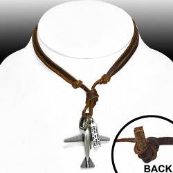 Alliage de mode en alliage 3 tons bagues croix tag charm réglable brun collier en cuir véritable