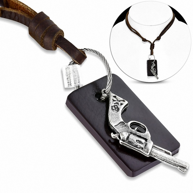 Alliage de mode alliage 3 tons pistolet sport breloque réglable collier en cuir véritable brun