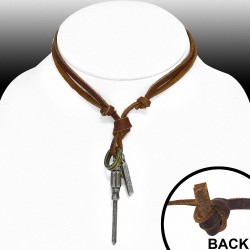 Alliage de mode clé à 3 tons / outil de tournevis croix tag anneaux charm réglable brun collier en cuir véritable