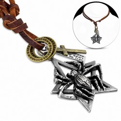 Alliage de mode 3 tons Spider étoile Cross Tag Rings Charm réglable en cuir véritable collier en cuir