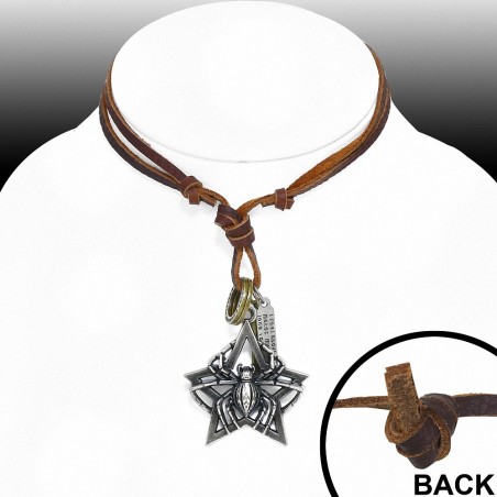 Alliage de mode 3 tons Spider étoile Cross Tag Rings Charm réglable en cuir véritable collier en cuir
