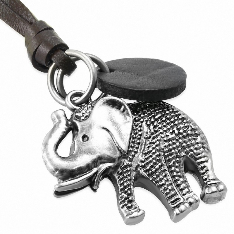 Collier de motard ajustable en cuir noir avec pendentif éléphant en alliage fantaisie 2 tons