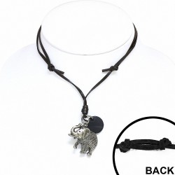 Collier de motard ajustable en cuir noir avec pendentif éléphant en alliage fantaisie 2 tons