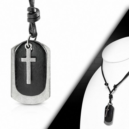 Collier ajustable en cuir noir à breloques en alliage fantaisie 2 tons