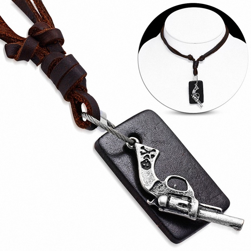 Alliage de mode alliage 3 tons pistolet sport tag charm ajustable marron véritable collier en cuir