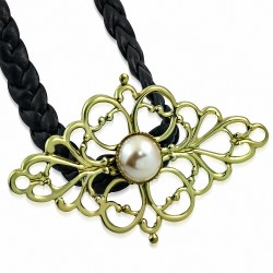 Pendentif à fleurs en filigrane bicolore en alliage fantaisie - Collier en cuir tressé noir avec perle de perle