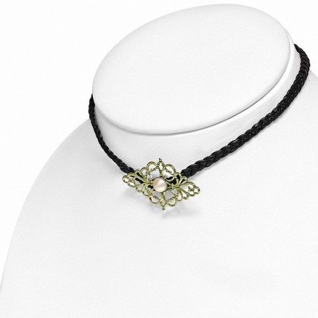 Pendentif à fleurs en filigrane bicolore en alliage fantaisie - Collier en cuir tressé noir avec perle de perle