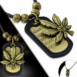 Alliage de mode alliage feuille de marijuana Ganja porte-nom breloque perles de Bali collier en cuir tressé noir