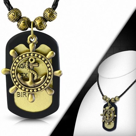 Alliage de mode 2 tons casque / roue marine ancre marin nom tag charm charm Bali perles collier de cuir tressé noir