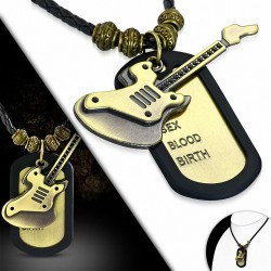 Alliage de mode 2 tons guitare électrique Instrument de musique Nom Tag Charm Bali perles Vintage noir collier en cuir tressé
