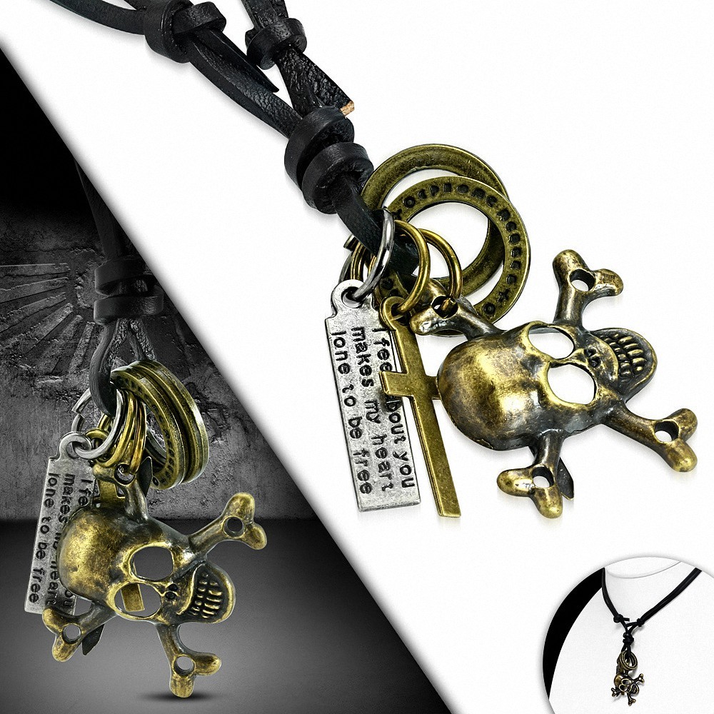 Alliage de mode 3 tons ton crâne de pirate crossbones tag charm réglable collier de motard en cuir noir en cuir