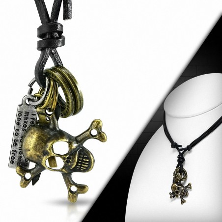 Alliage de mode 3 tons ton crâne de pirate crossbones tag charm réglable collier de motard en cuir noir en cuir