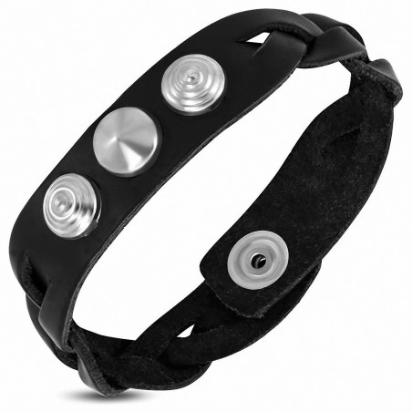 Bracelet à boutons pression en cuir véritable rond noir avec cadran en pyramide