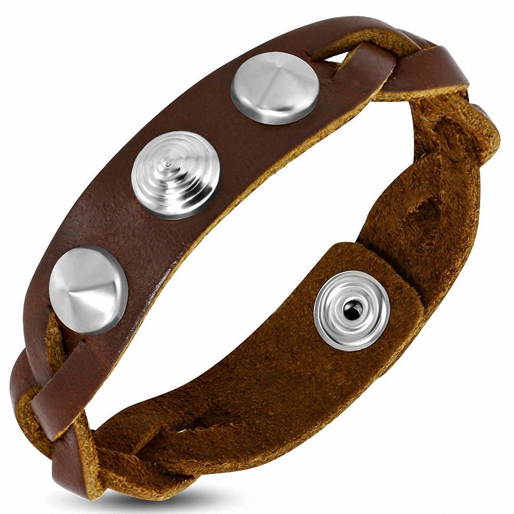 Bracelet à boutons pression en cuir marron véritable serti de boutons de clous rond