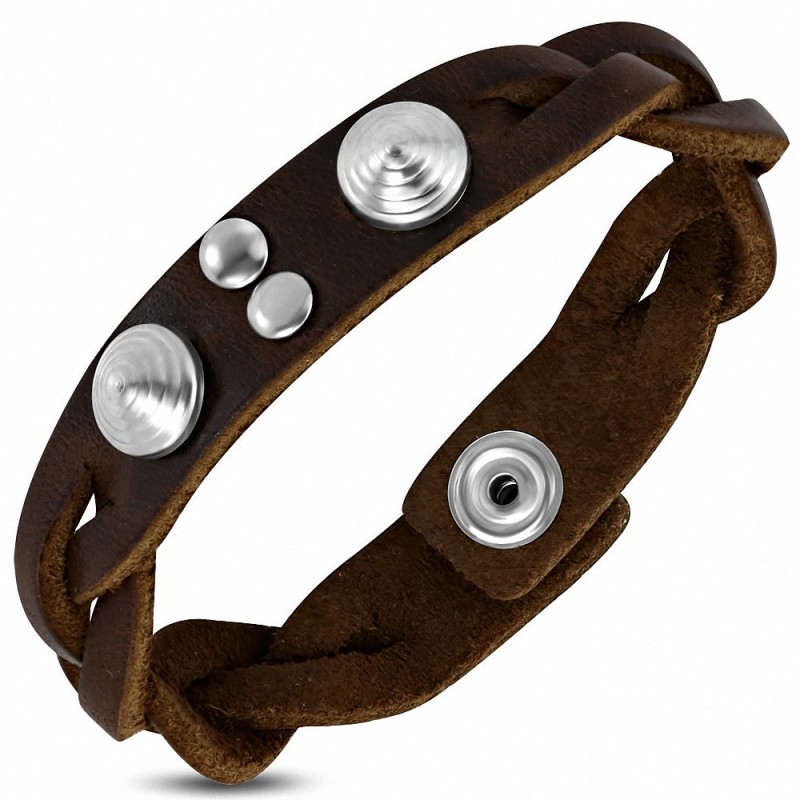 Bracelet à boutons pression en cuir véritable marron rond en forme de pyramide avec clouss