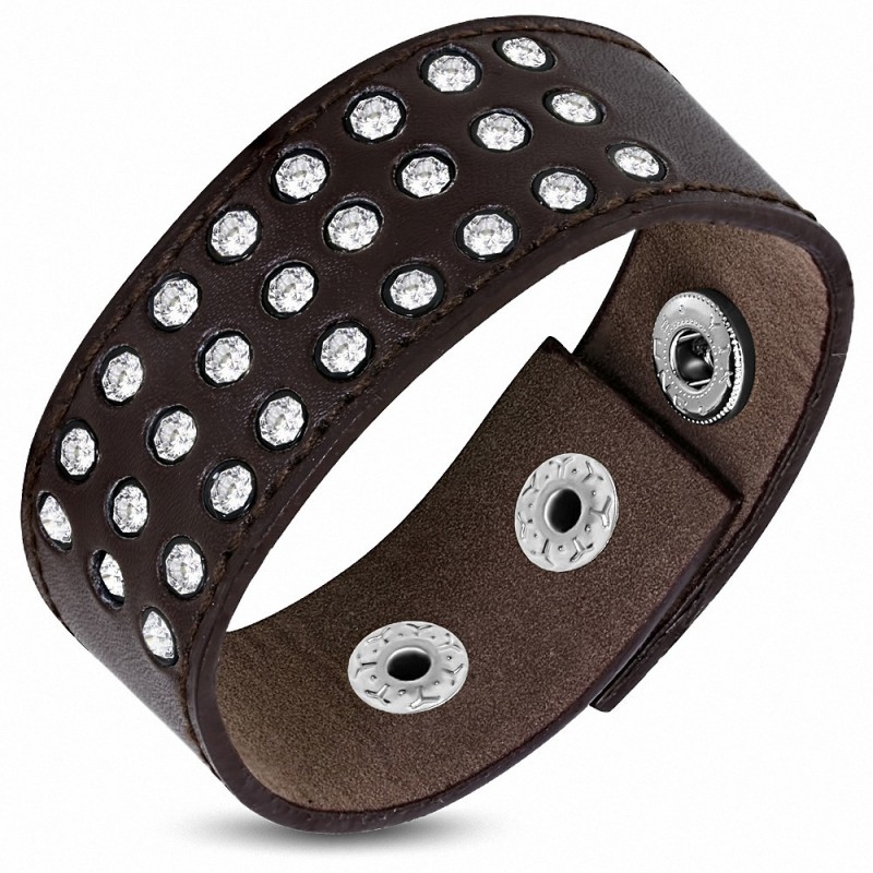 Bracelet-pression en cuir marron véritable avec cZ transparent