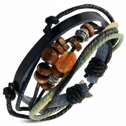 Bracelet réglable en cuir noir de Karma Bead avec cordon multicolore à la mode - FBK487