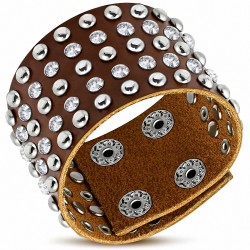 Bracelet en cuir brun véritable avec boutons-pression et cercle cliquable rond