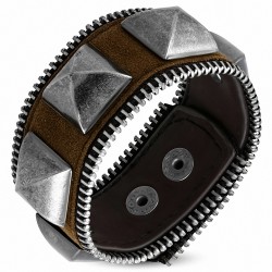 Bracelet en cuir marron véritable avec boutons pression et boutons zippés