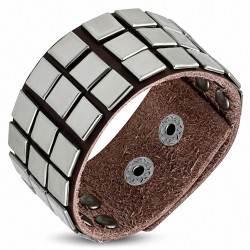 Bracelet pression en cuir brun véritable avec boutons-pression