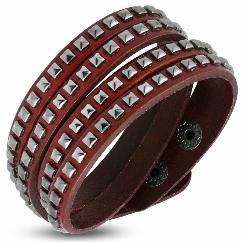 Bracelet à boutons multiples à boutons pression avec clous pyramidal en cuir rouge véritable