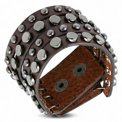 Bracelet en cuir brun véritable avec un bouton-pression et un cercle rond en métal