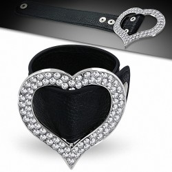 Bracelet fantaisie en cuir noir avec cœur en forme de coeur et cœur ouvert en cristal noir