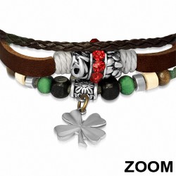 Bracelet triple en cuir tressé avec perles fantaisie multicolore tressée cuir marron réglable rouge clair
