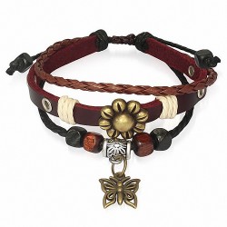 Bracelet en cuir marron ajustable avec pendentif boule de soleil et fleur tressée sur trois rangées de fils à la mode