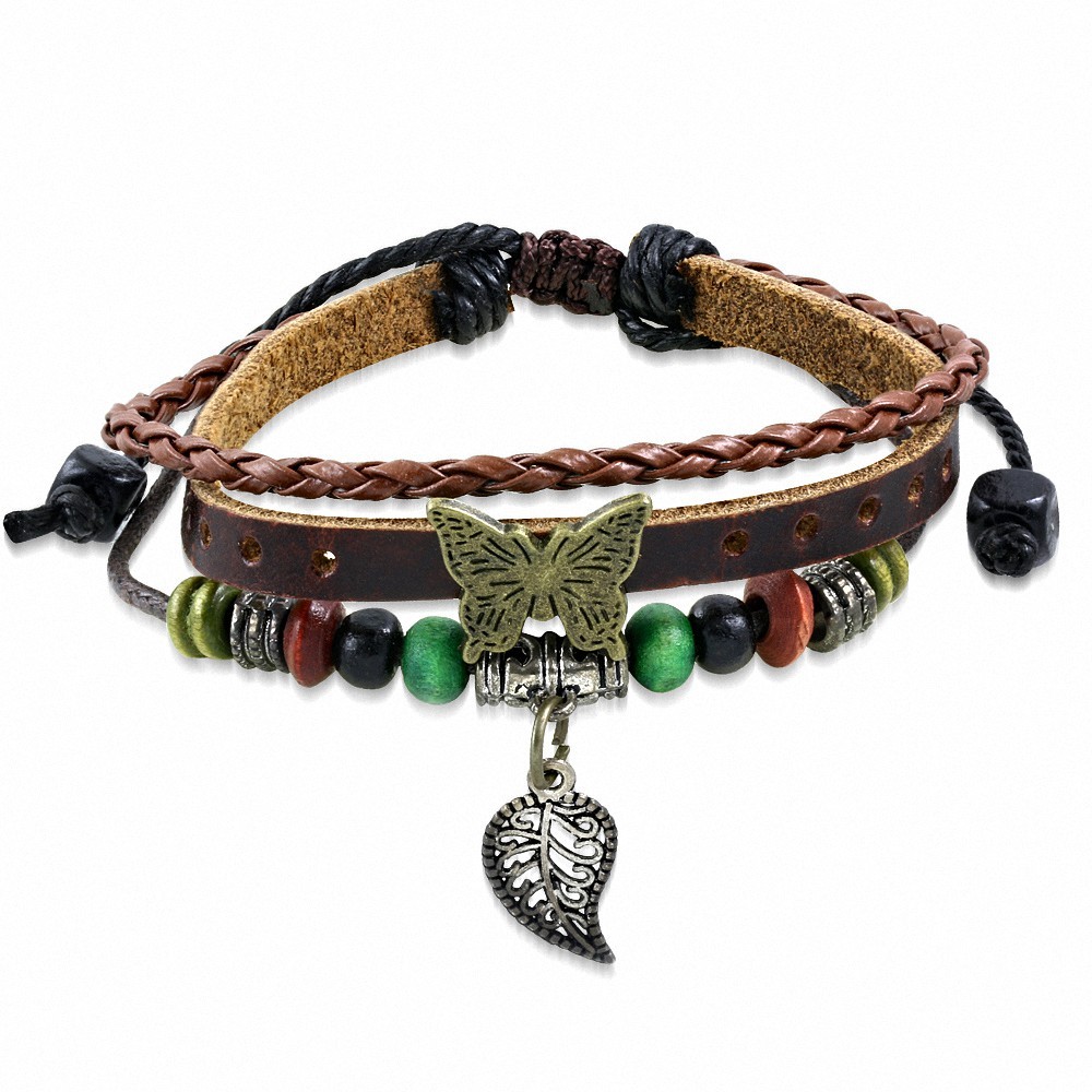 Bracelet en cuir marron réglable avec breloque papillon fantaisie feuille d'automne Triple Wrap corde enroulée