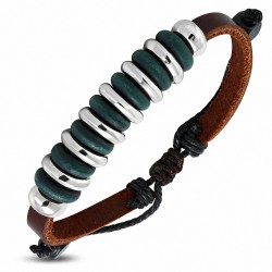 Bracelet ajustable en cuir marron avec perle en bois et corde