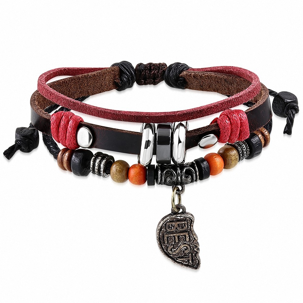 Bracelet en cuir marron ajustable avec breloque demi-tour en corde de Bali à la mode Triple Wrap