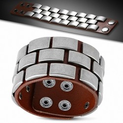 Bracelet en cuir véritable brun clair avec rangée de boutons-pression rectangulaires