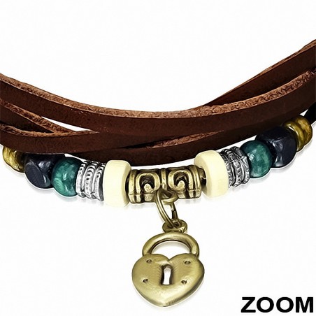 Bracelet ajustable en cuir marron avec breloque perle de style Bali et cordon multicolore