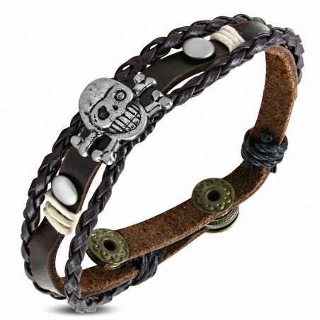 Bracelet de motard en cuir marron avec boucle tressée en pirate de crâne de taureau à la mode à triple boucle