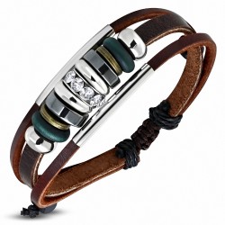 Anneau de tube de perles de corde à la mode Triple Wrap Crystal Circle Bracelet en cuir marron réglable  Clear CZ