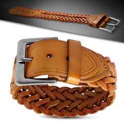 Bracelet avec boucle de ceinture en cuir tressé marron véritable