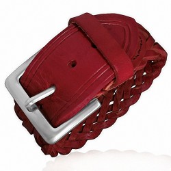 Bracelet avec boucle de ceinture en cuir tressé rouge véritable
