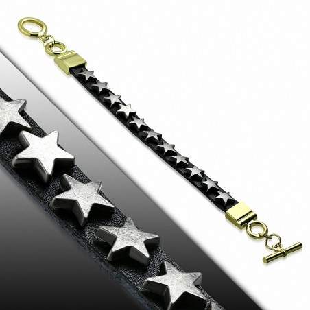 Bracelet à bascule en cuir noir avec étoiles