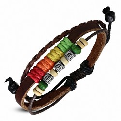 Bracelet réglable en cuir avec trois rangées de perles multicolores à la mode pour enrouler la corde