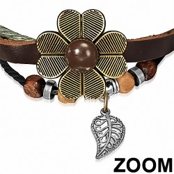 Bracelet en cuir marron réglable en forme de boucle de coeur et de fleur de clous