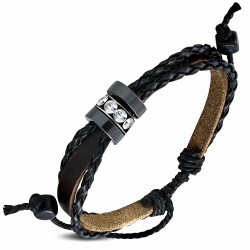 Bracelet en cuir marron réglable multi-rangs avec anneau tressé en corde de cuir  Clear CZ