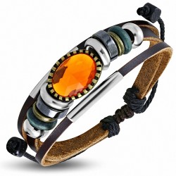 Bracelet en cuir marron ajustable avec triple boucle de corde et anneau de cuir brun avec Fire Opal Orange CZ