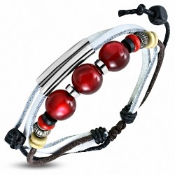 Bracelet réglable en cuir blanc de boule de perle en bois Bali de corde de mode Triple Wrap