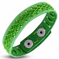 Bracelet pression en corde croisée avec armure en cuir vert véritable