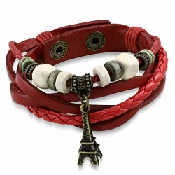 Bracelet multi-rangs en Bali avec perle en bois et tour Eiffel à breloques en cuir rouge