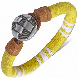 Bracelet fantaisie blanc et jaune en cuir marron avec cordon de maintien
