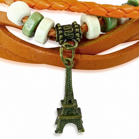 Bracelet multi-rangs avec boucle en bois de Bali en perles de bois et tour Eiffel Bracelet en cuir orange